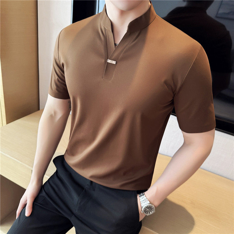 新中式立领高弹力短袖POLO衫高级感无痕压胶翻领T恤PL2816-P63,男装Polo衫,电商A213