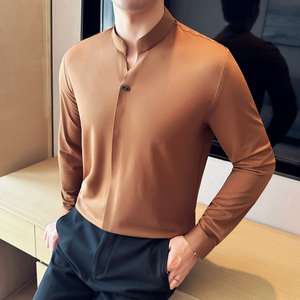 新中式立领长袖POLO衫男高级感弹力无痕翻领T恤咖啡色T6659-P68图片