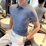 英伦风~暗条纹高弹冰丝翻领无痕T恤男士短袖POLO衫蓝色PL06-P60，男装T恤，电商A213
