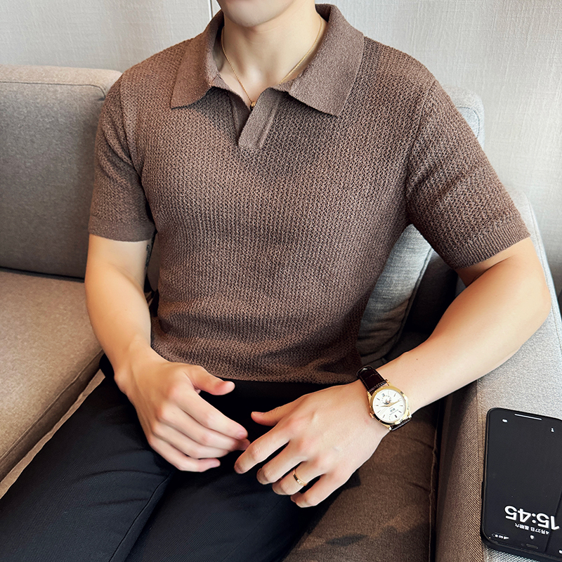 夏季满足你要的清凉~镂空针织短袖T恤V领Polo衫咖啡色PL8923-P63，男装T恤，电商A213