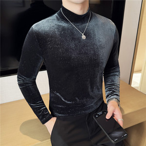 时尚金丝绒满天星长袖T恤男高级感弹力半高领打底衫修身CT091-P43,男装T恤,电商A213