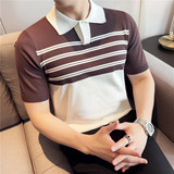 亲肤薄冰丝拼色条纹V领针织短袖T恤高级感翻领Polo衫MT26502-P57，男装Polo衫，电商A213