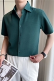 轻熟风~休闲帅气高级感华夫格短袖衬衫男垂感衬衣绿色C2302-P58，男装T恤，电商A213