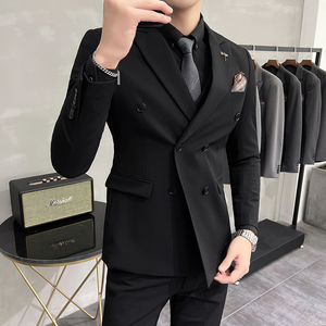 大码西服套装双排扣西装三件套男韩版修身纯色西服SJT305/P275图片