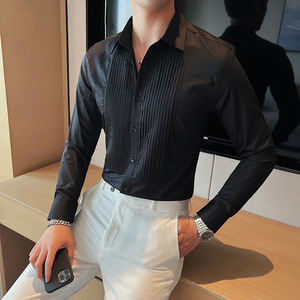 高品质面料 新郎结婚长袖衬衫男时尚褶皱礼服衬衣修身C6609-P73图片