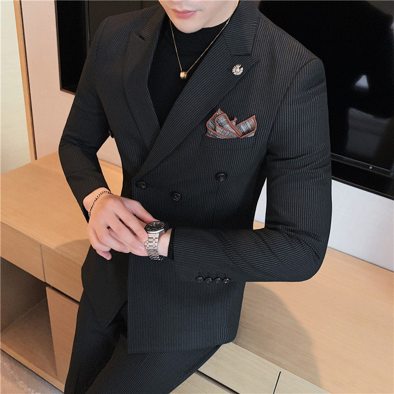 加厚条纹西服套装男痞帅修身双排扣正装结婚西装灰色LJT112-P230,男装西服套装,电商A213