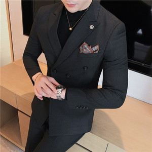 加厚条纹西服套装男痞帅修身双排扣正装结婚西装灰色LJT112-P230