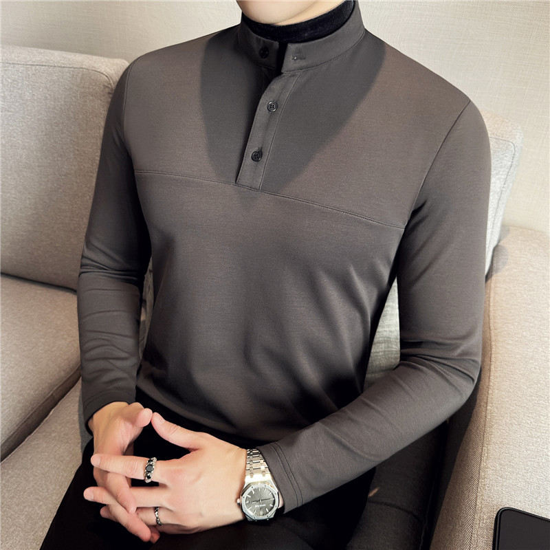 半高领丝绒拼接假两件弹力t恤男修身亨利领长袖打底灰色CT100-P58,男装T恤,电商A213