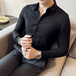 男英伦亚麻褶皱舒适面料修身长袖衬衫复古休闲衬衣白色C2023-P58图片