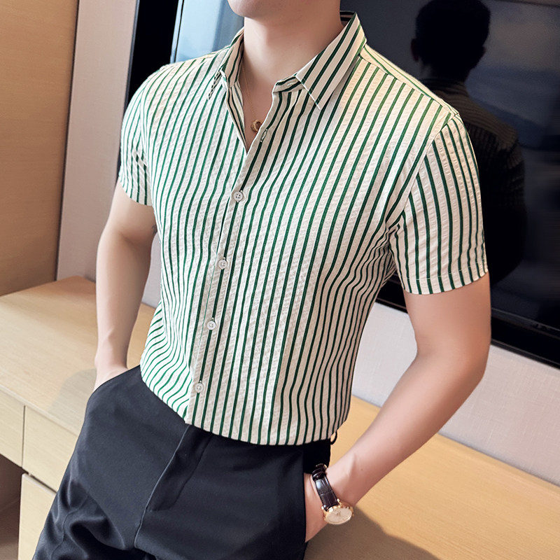 竖条纹衬衫男泡泡纱高级感修身褶皱休闲短袖衬衣绿色C8004-P58图片