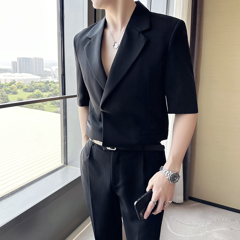 送皮带~潮男时尚穿搭~夏装男宽松西装两件套短袖西服LJT5503-P220,男装T恤,电商A213