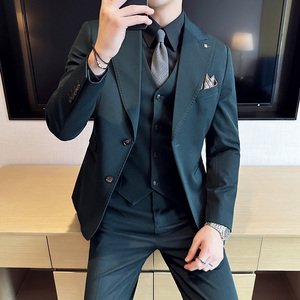 高级感新郎西服套装两粒扣戗驳领西装三件套男绿色SJT120-P265图片