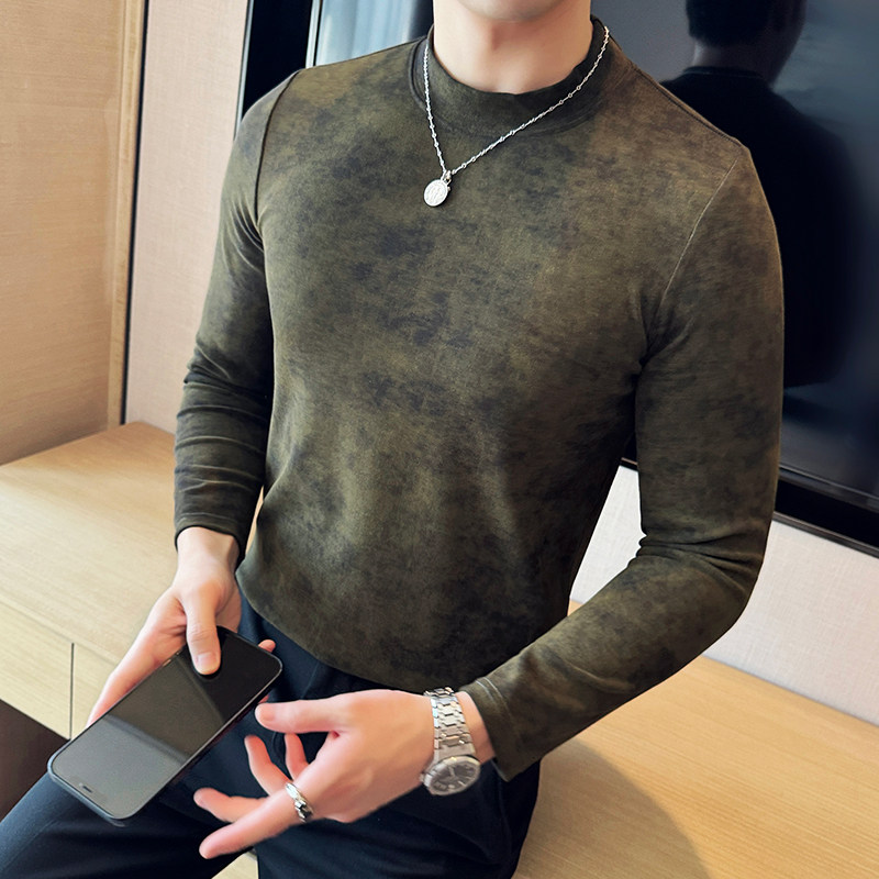 中领纯棉长袖T恤渐变扎染修身弹力内搭半高领打底衫绿色CT05-P42