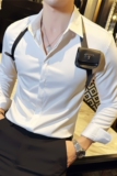 高级感皮背带装饰设计感帅气休闲痞帅衬衫长袖衬衣白色C5123-P80，男装衬衫，电商A213