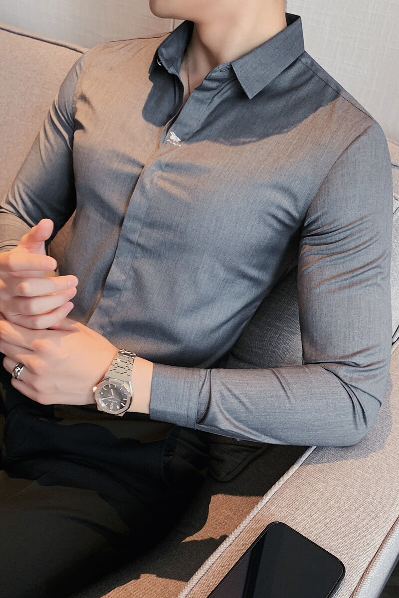 长期做男士刺绣长袖衬衫暗门襟暗扣衬衣修身深灰色C2022/P63,男装衬衫,电商A213