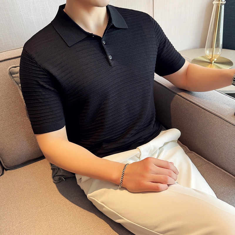 夏季冰丝薄款坑条针织短袖Polo衫男暗条纹翻领T恤黑色PL8928-P63图片