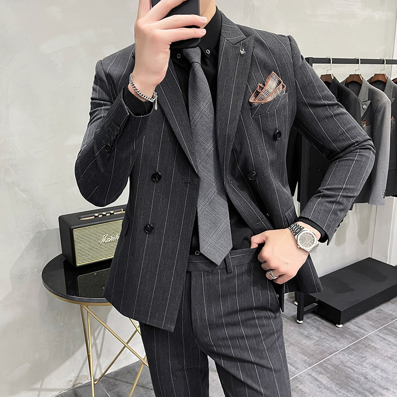 加厚宽条纹双排扣西服套装男商务西装两件套修身中灰LJT306/P230,男装西服套装,电商A213