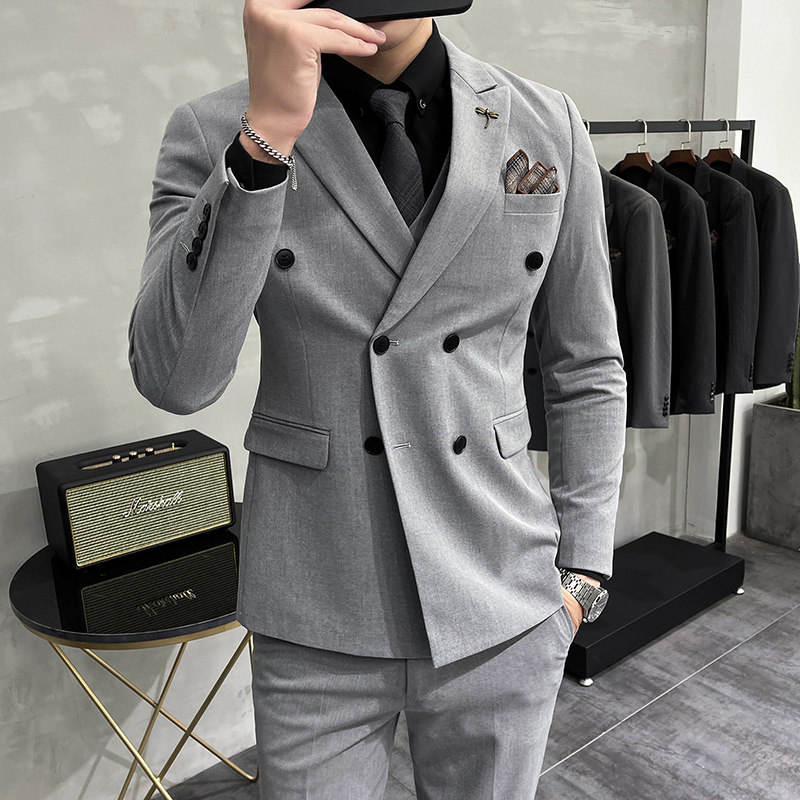 大码西服套装双排扣西装三件套男修身纯色西服中灰色SJT305/P275,男装西服套装,电商A213
