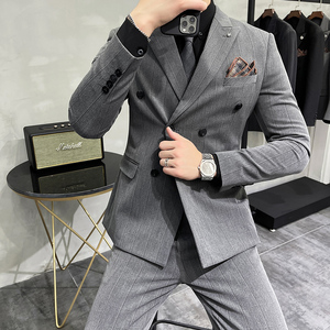 加厚宽条纹双排扣西服套装男商务西装两件套修身中灰LJT306/P230图片