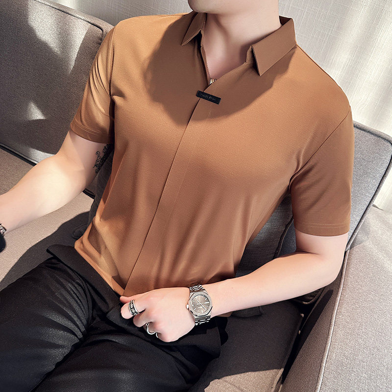 高弹性感V领短袖POLO衫男高级感冰丝无痕翻领T恤咖啡色T2411-P63图片 高弹性感V领短袖POLO衫男高级感冰丝无痕翻领T恤咖啡色T2411-P63图片