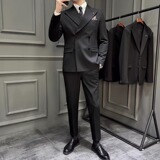 大戗驳领双排扣西服拉伸腰围西裤色织条纹西装三件套SJT2082-P285，男装西服，电商A213