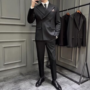 大戗驳领双排扣西服拉伸腰围西裤色织条纹西装三件套SJT2082-P285图片