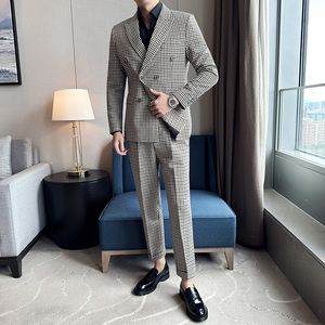 高级感千鸟格子帅气西服两件套男双排扣休闲西装卡其格LJT-2-P225图片