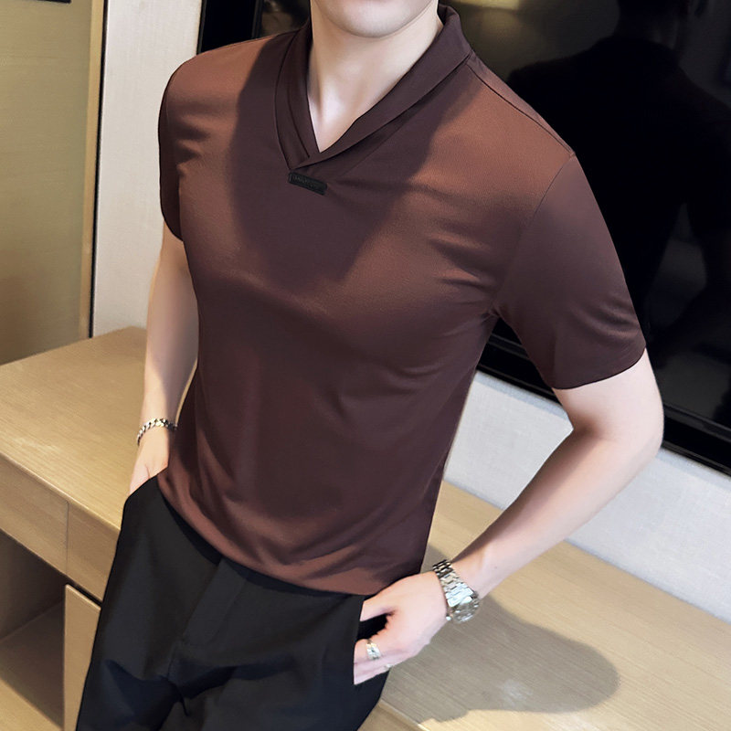 继续做~弹力性感V领青果领短袖T恤男高级感冰丝薄款T恤T2413-P53图片