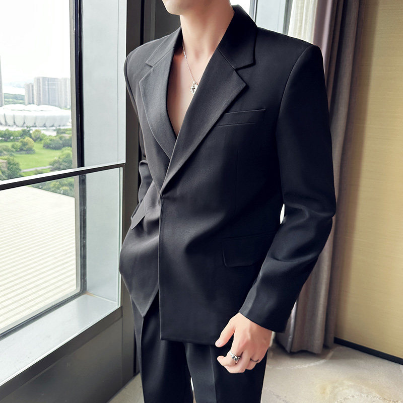 英伦高级感西服套装男微阔垂感西装两件套黑色LJT958-P235,男装西服套装,电商A213