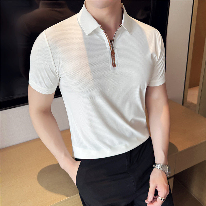 半拉链拼皮短袖Polo衫凉感轻薄弹力休闲户外运动短袖PL98253-P63，男装Polo衫，电商A213