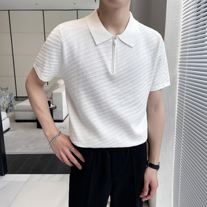 时尚斜条纹针织翻领短袖男T恤修身半拉链Polo衫男PL9761-P47