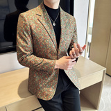 高级感花色西服外套男时尚印花西装厚款单西上衣卡其色DX920-P155，男装西服套装，电商A213