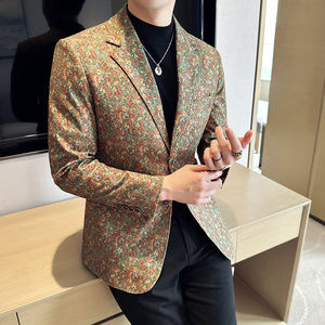 高级感花色西服外套男时尚印花西装厚款单西上衣卡其色DX920-P155图片