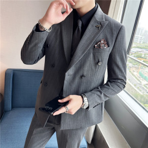 新郎西服套装条纹双排扣戗驳领西装三件套男灰色SJT6852-P275图片