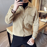皮衣外套高级感亮面凹凸设计华夫格翻领皮夹克卡其色JK235-P100特，男装夹克，电商A213
