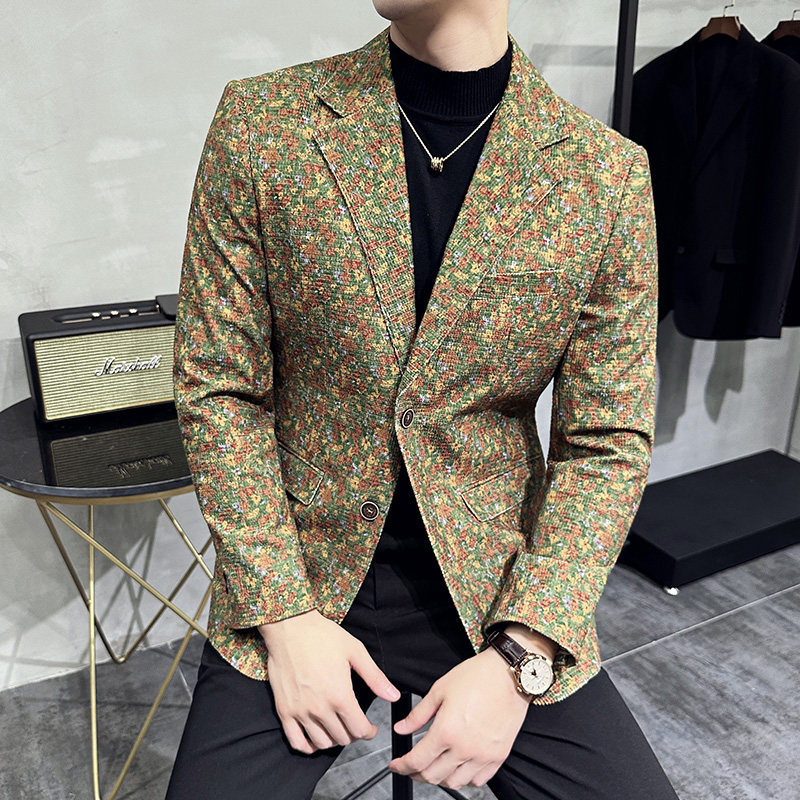 秋冬高级感花色西服外套男印花西装厚款单西上衣卡其色DX920-P155,男装西服套装,电商A213