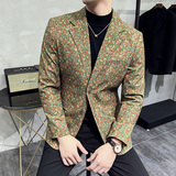 秋冬高级感花色西服外套男印花西装厚款单西上衣卡其色DX920-P155，男装西服套装，电商A213