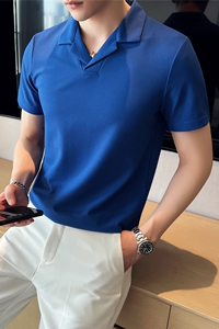 冰丝华夫格V领polo衫翻领短袖男修身有领保罗衫蓝色PL2238-P53图片