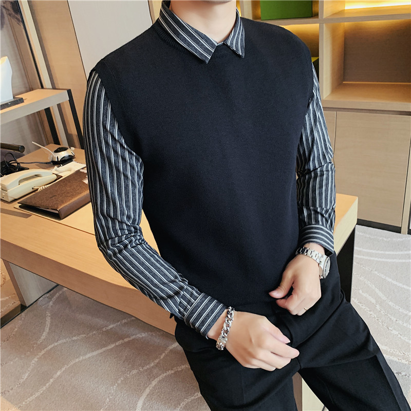 秋冬假两件条纹拼接衬衫领针织背心男士套头毛衣灰色M6801-P88,男装背心/马甲,电商A213