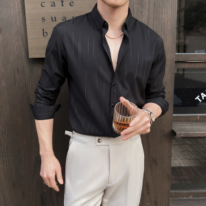 2025春装新款虚线条纹长袖衬衫男商务休闲修身衬衣白色C2021-P68图片