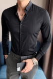 长期做男士虚线条纹长袖衬衫修身衬衣商务休闲衬衣黑C2021-P68，男装衬衫，电商A213