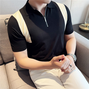 夏季薄款冰丝凉感拼色针织短袖T恤半拉链翻领Polo衫男JQ3706-P67图片