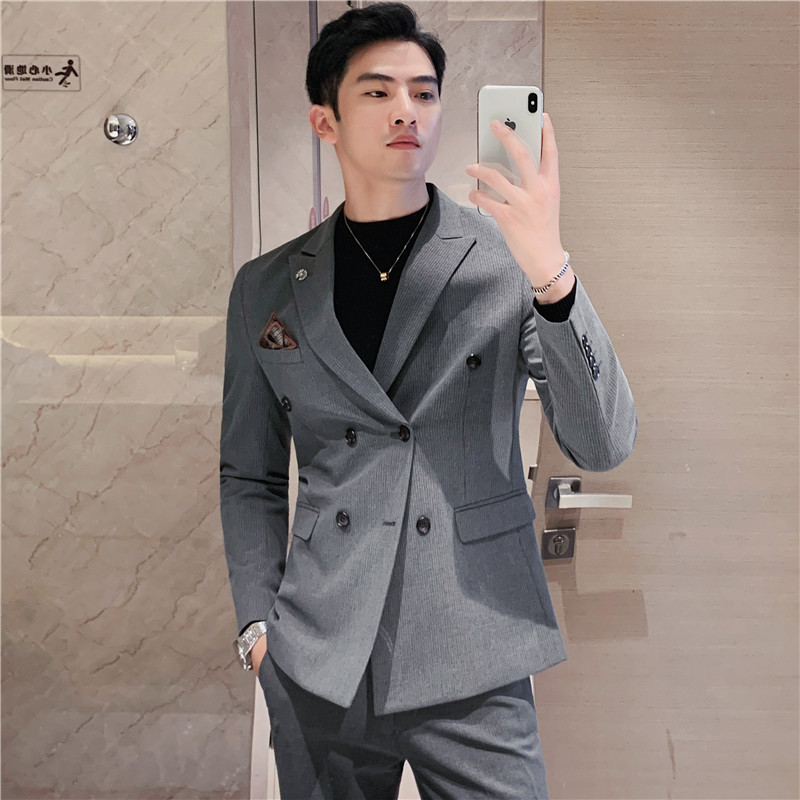 加厚条纹西服套装男痞帅修身双排扣正装结婚西装灰色LJT112-P230,男装西服套装,电商A213