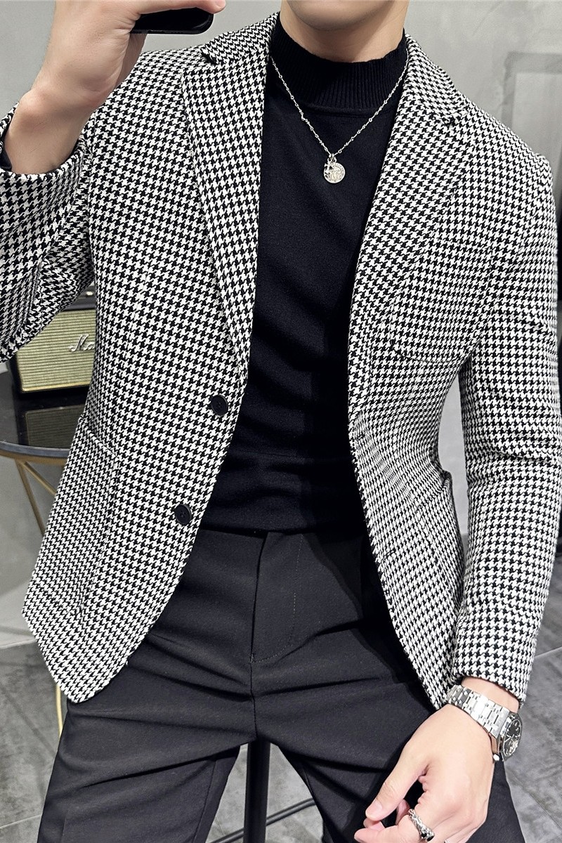 高级感厚款西装外套男潮流修身黑白拼接千鸟格子西服男DX916-P138,男装西服套装,电商A213