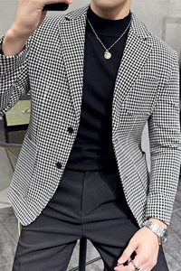 高级感厚款西装外套男潮流修身黑白拼接千鸟格子西服男DX916-P138图片