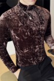 褶皱金丝绒中领长袖T恤男弹力半高领打底衫修身咖啡色CT099-P43，男装T恤，电商A213