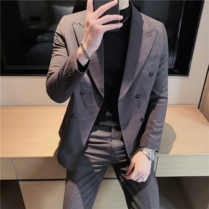 男士双排扣条纹休闲西服套装戗驳领韩式修身西装两件套LJT36-P230图片