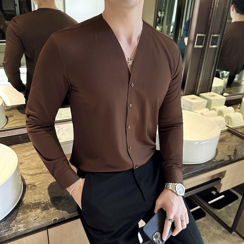 高级感华夫格V领衬衫男长袖无痕压胶垂感无领衬衣咖啡色C6643-P78图片