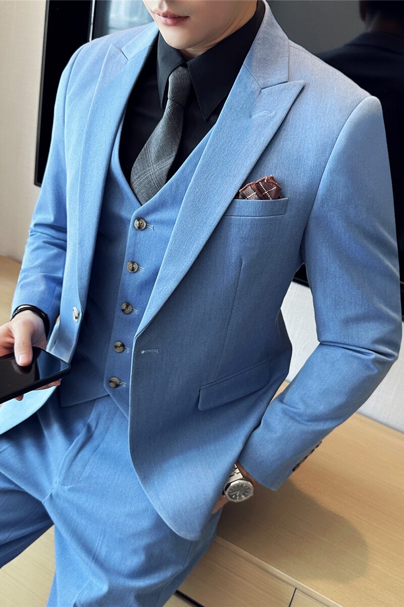高品质西服戗驳领一粒扣纯色西装三件套男蓝色SJT8018-P275图片