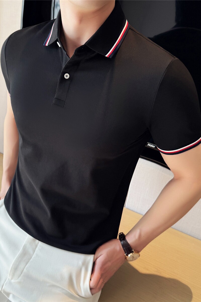 新疆长绒棉液氨科技~织带撞色polo衫男士短袖t恤黑色PL2261-P57,男装Polo衫,电商A213